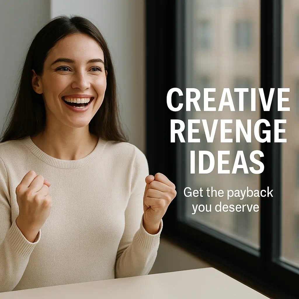 Smiling young woman in beige sweater celebrating quietly at a sunlit window, expressing satisfaction and emotional relief after a successful revenge plan