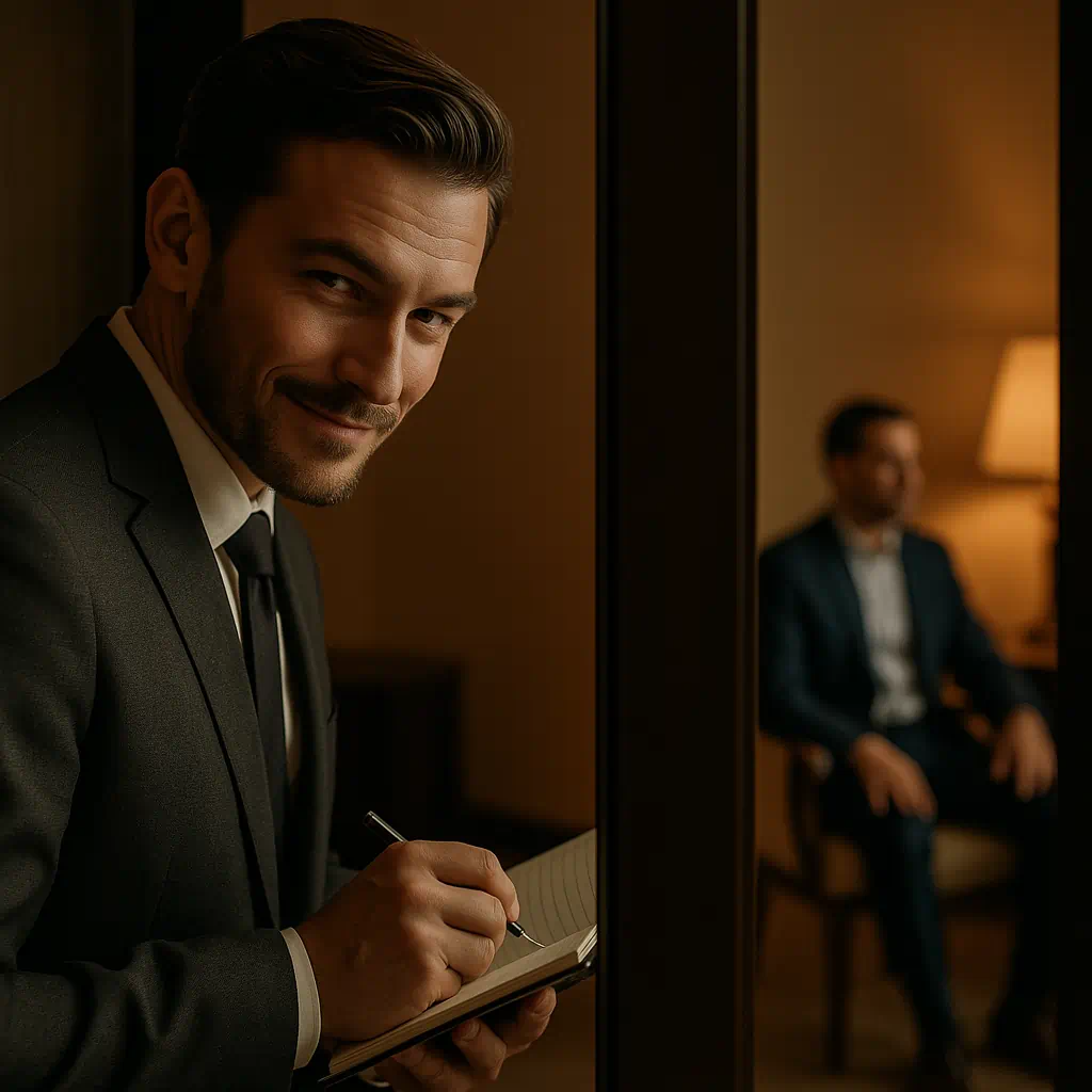 Man in suit smirking while taking notes through a door crack, observing unaware target in background – symbolizing clever revenge plan already in motion