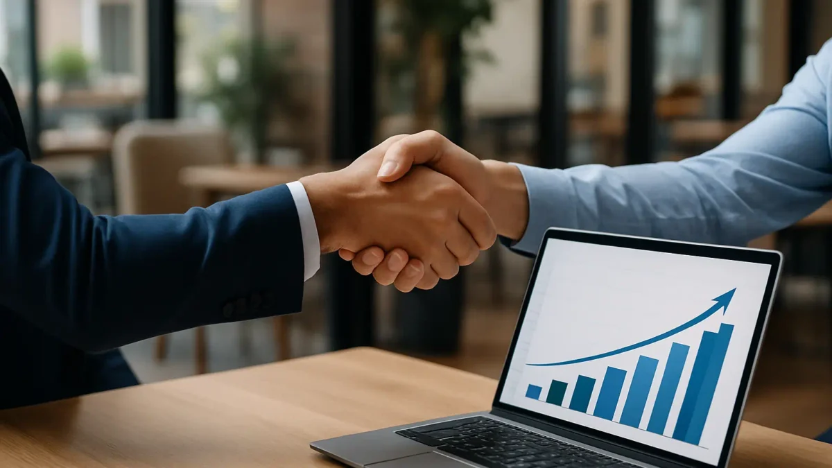 Two business professionals shaking hands in a modern coworking space with a laptop showing rising charts, symbolizing trust and success in an affiliate program.