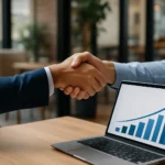 Two business professionals shaking hands in a modern coworking space with a laptop showing rising charts, symbolizing trust and success in an affiliate program.