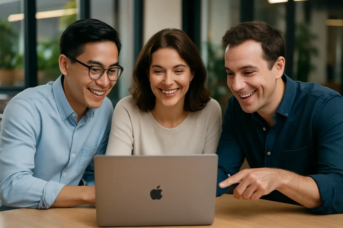 Three diverse young professionals smiling and celebrating while looking at a laptop with rising charts in a modern coworking space, symbolizing teamwork and affiliate success.