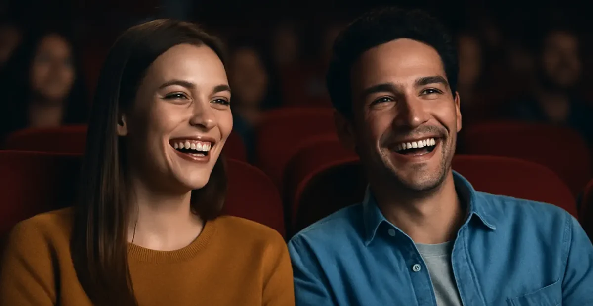 Hire a girlfriend: Young couple laughing together at a movie theater symbolizing everyday companionship and natural alibi service in the USA