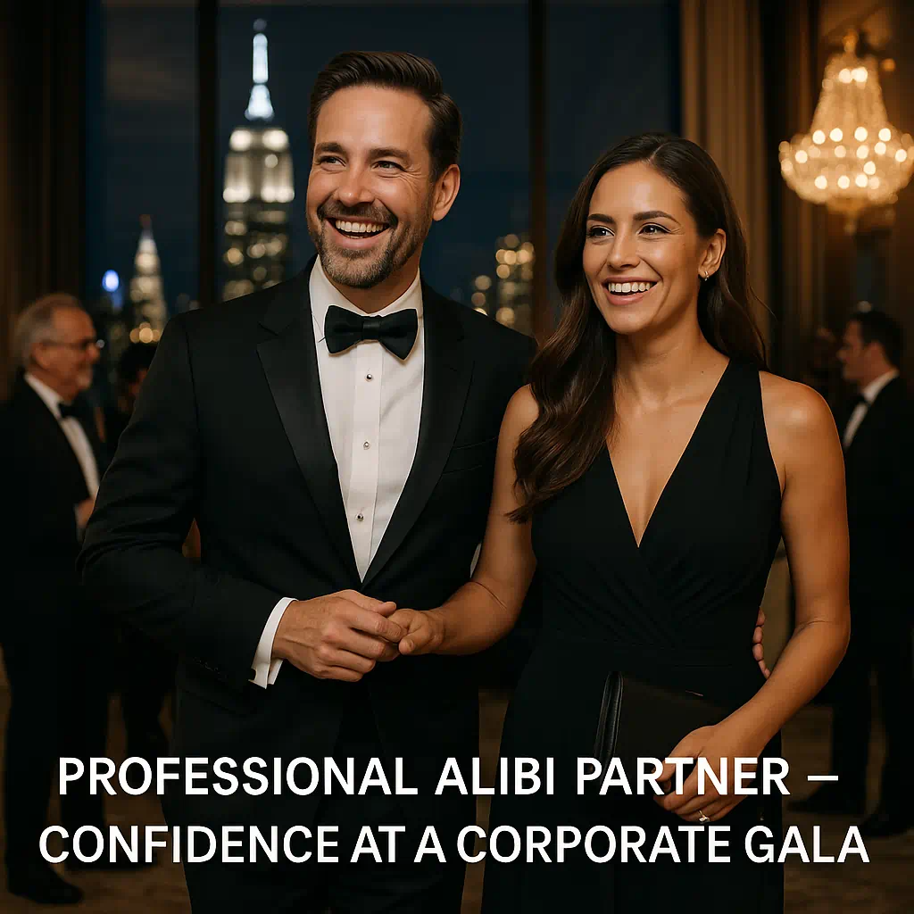 Businessman with professional alibi partner at an elegant New York corporate gala, smiling confidently as a believable couple