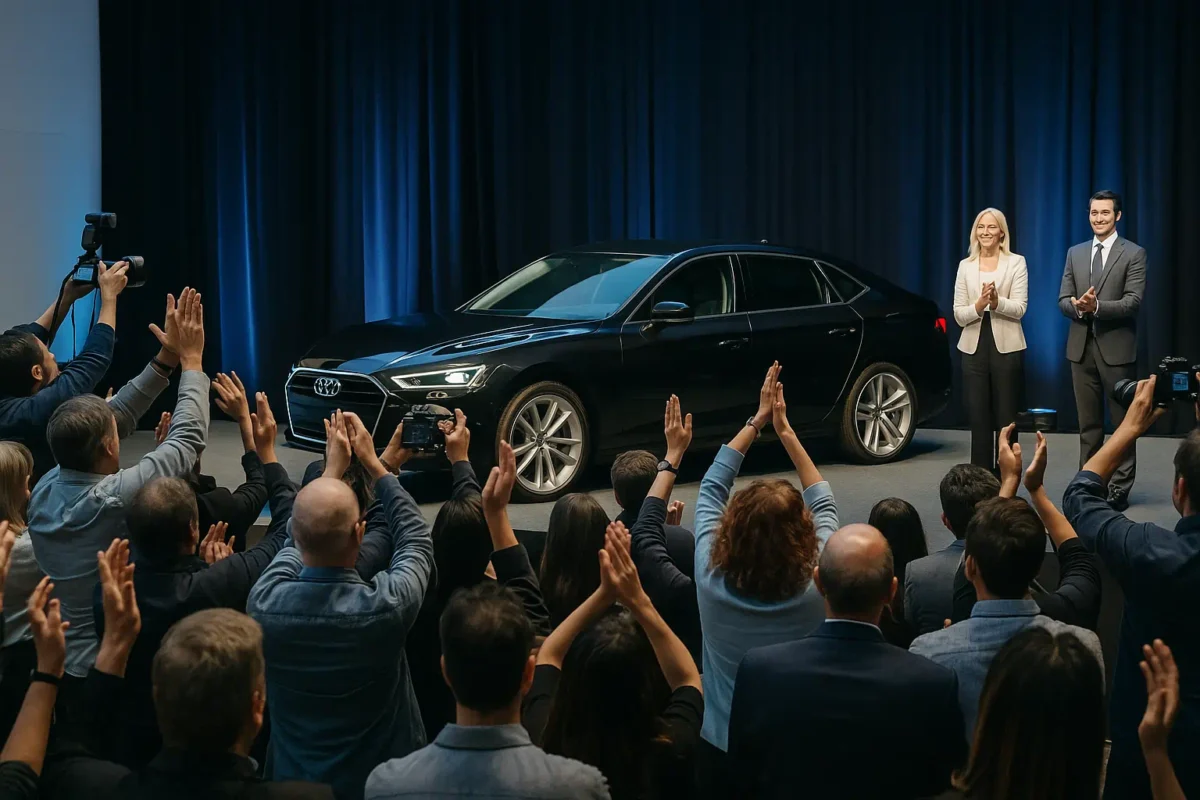 Applauding crowd and photographers at a corporate product launch in the USA showcasing a new car, symbolizing crowd on demand for brands and businesses.