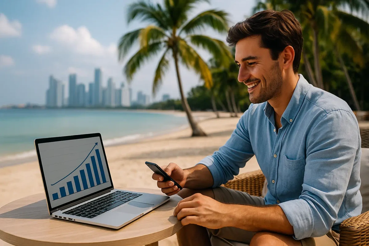 Young digital nomad working with laptop and smartphone on a tropical beach, palm trees and skyline in the background, celebrating passive income and location independence.