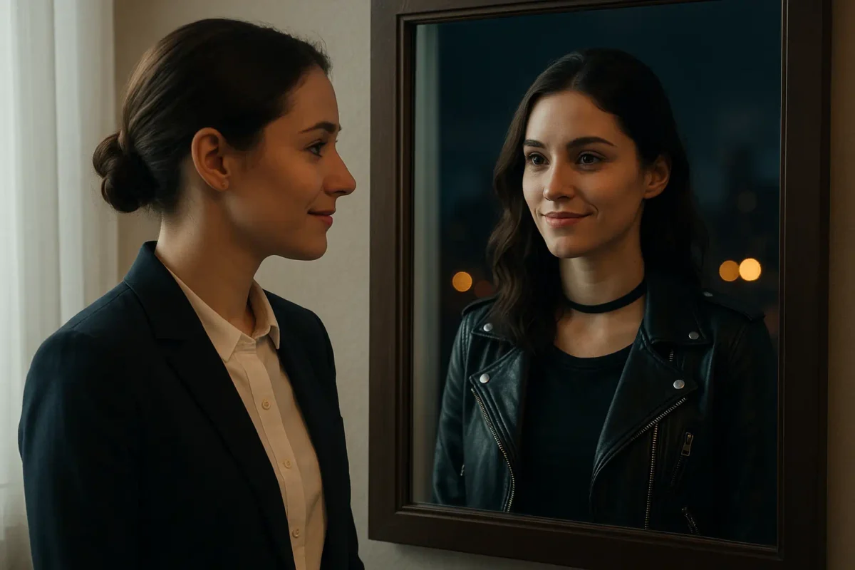 Person in business attire looking into a mirror showing a rebellious version at night