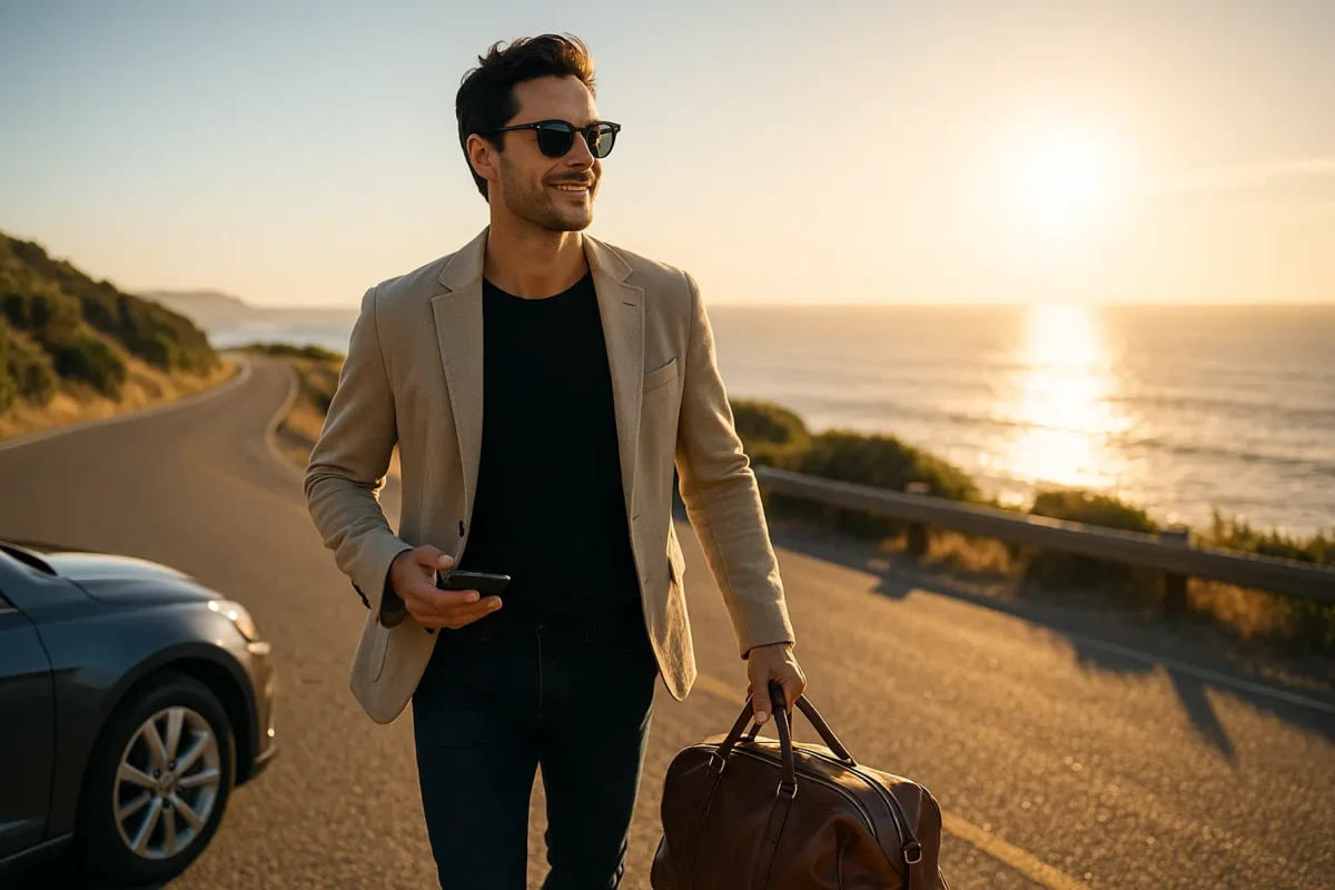 Confident man walking along a coastal road at sunset, symbolizing independence and privacy offered by a freedom alibi service.