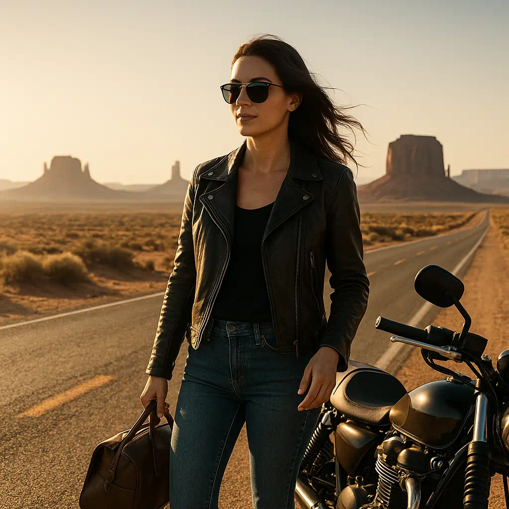 Independent woman standing beside a motorcycle on a desert road in Monument Valley, symbolizing adventure, privacy, and the freedom alibi service.