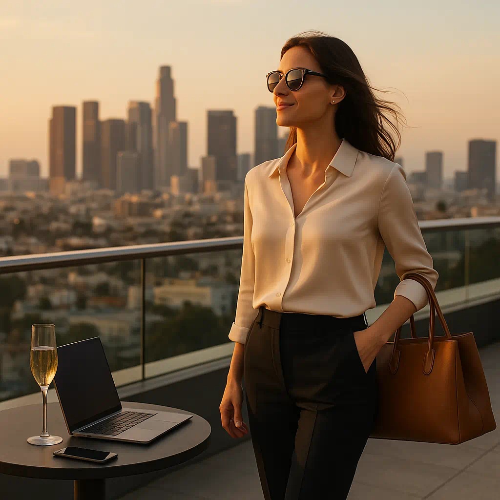 Professional woman enjoying freedom on a rooftop at sunset, representing a freedom alibi service in an urban setting.