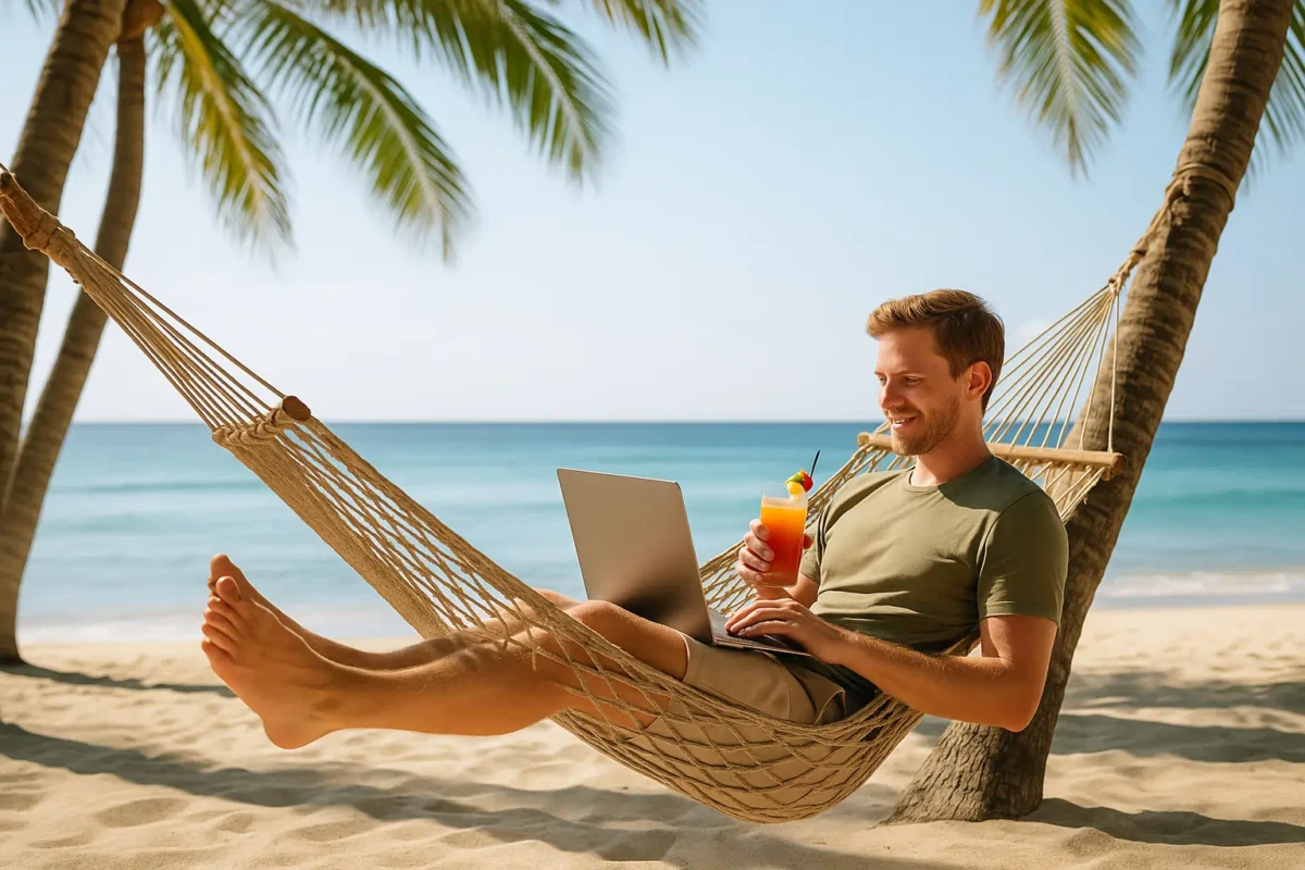 Young digital nomad relaxing in a hammock under palm trees on a beach in the USA, working on a laptop with a cocktail beside him, symbolizing Affiliate Marketing Program with Lifetime Commissions