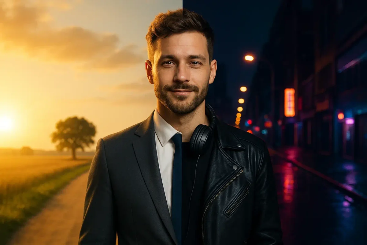 Man split between day and night, wearing business suit on one side and leather jacket on the other