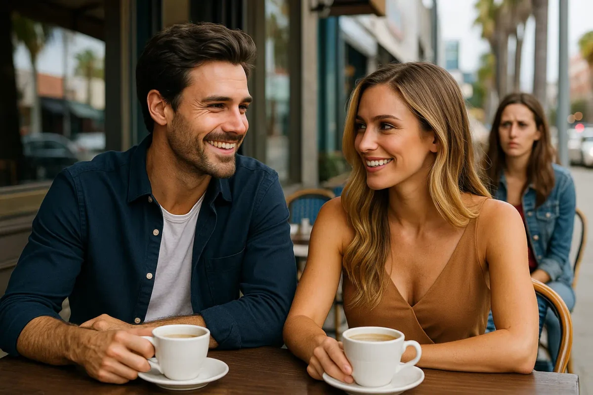 Man sitting with attractive companion at a Los Angeles street café while an ex-girlfriend watches curiously in the background.