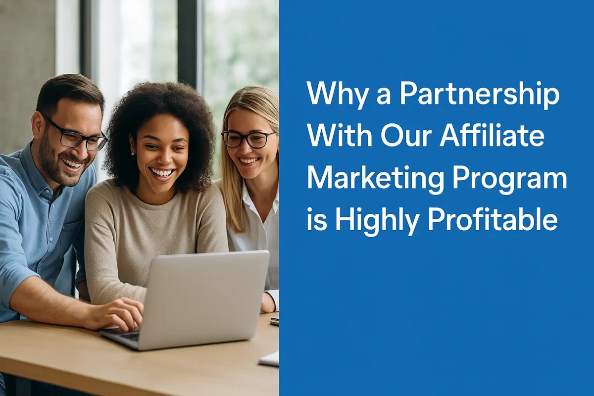Diverse young professionals smiling and collaborating around a laptop in a bright coworking space, symbolizing trust, teamwork, and success with the affiliate marketing program.