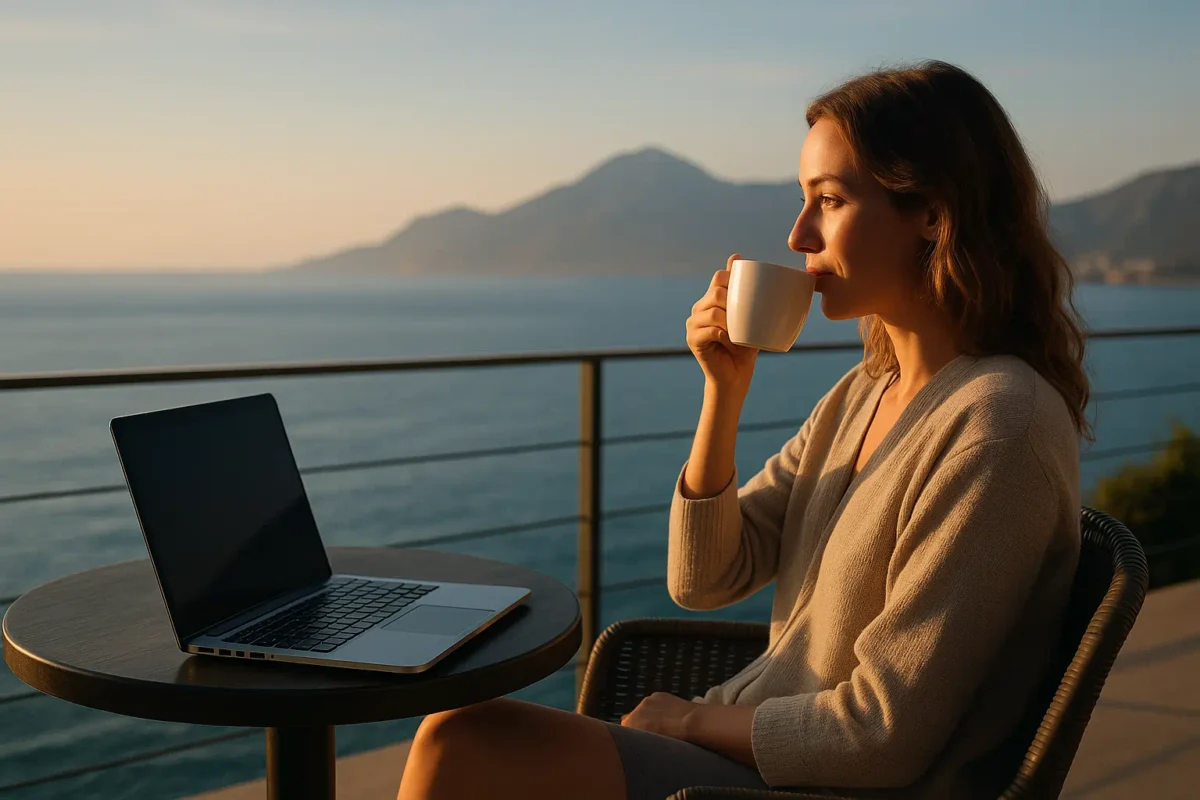 Woman enjoying morning coffee on a terrace with ocean and mountain view, laptop open on the table, symbolizing freedom and location-independent passive income through affiliate marketing.