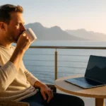 Man enjoying morning coffee on a terrace with ocean and mountain view, laptop open on the table, symbolizing freedom and location-independent income through affiliate marketing.