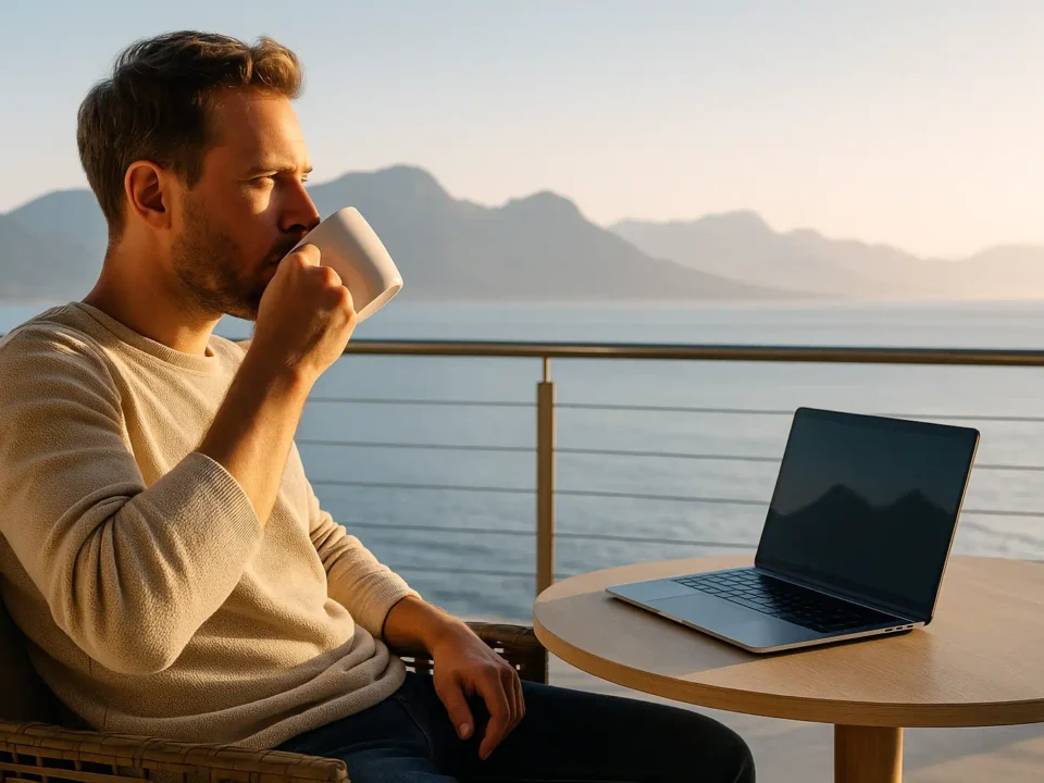 Man enjoying morning coffee on a terrace with ocean and mountain view, laptop open on the table, symbolizing freedom and location-independent income through affiliate marketing.
