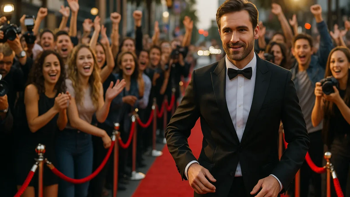 Actor stepping out onto the red carpet in Los Angeles greeted by cheering fans and paparazzi flashes, symbolizing a Hollywood moment created by Alibi Agency.
