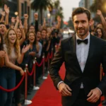 Actor stepping out onto the red carpet in Los Angeles greeted by cheering fans and paparazzi flashes, symbolizing a Hollywood moment created by Alibi Agency.