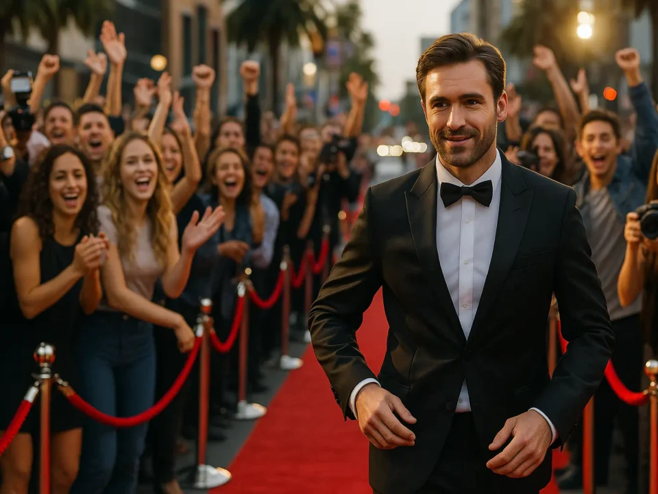 Actor stepping out onto the red carpet in Los Angeles greeted by cheering fans and paparazzi flashes, symbolizing a Hollywood moment created by Alibi Agency.