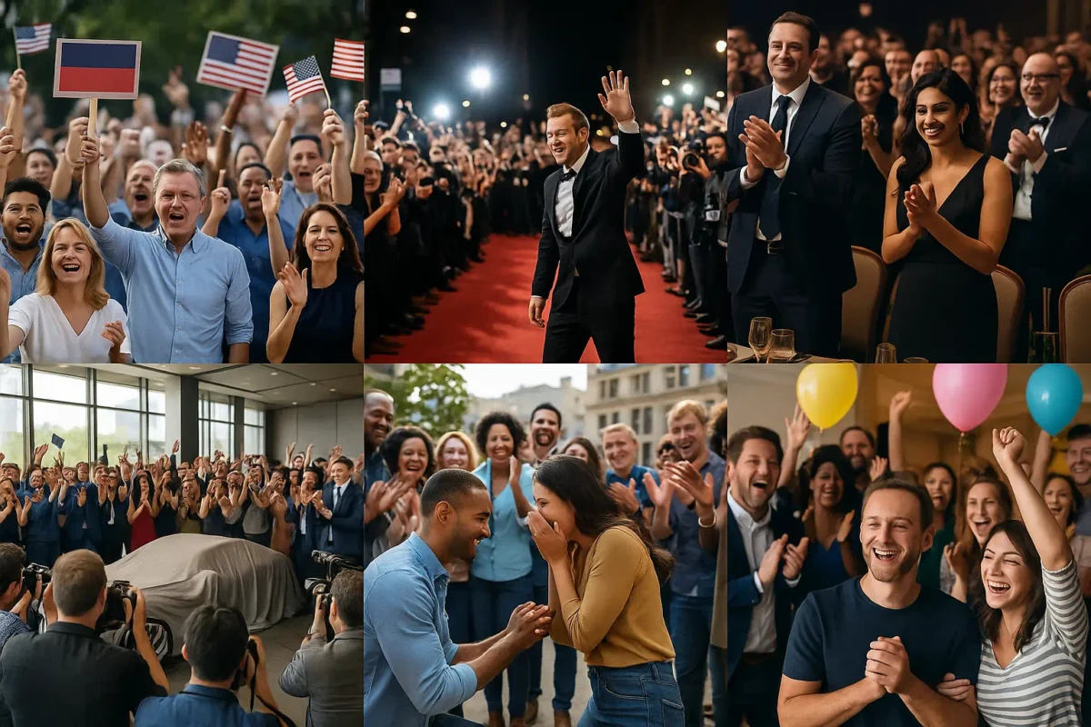 Collage of six photorealistic scenes showing rented crowds in the USA including political rally, red carpet, gala, corporate launch, marriage proposal, and surprise party.