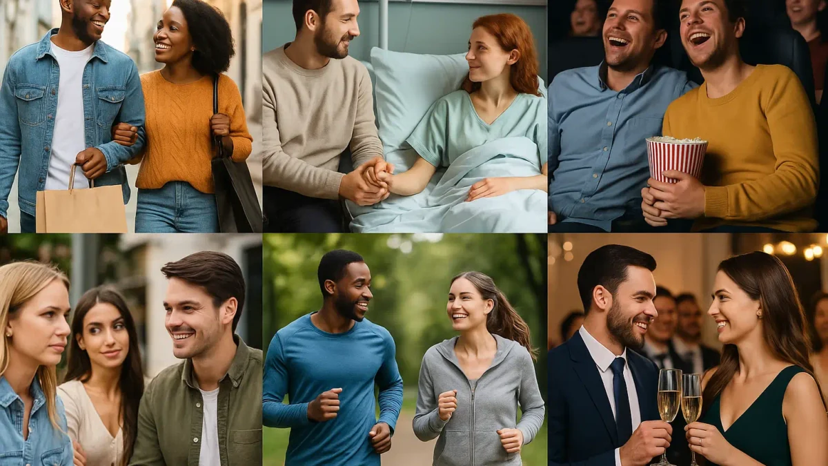 Collage of six different scenarios showing people renting a girlfriend or boyfriend in the USA, including shopping, hospital visit, cinema, social event, jogging, and gala dinner.
