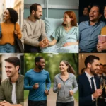 Collage of six different scenarios showing people renting a girlfriend or boyfriend in the USA, including shopping, hospital visit, cinema, social event, jogging, and gala dinner.