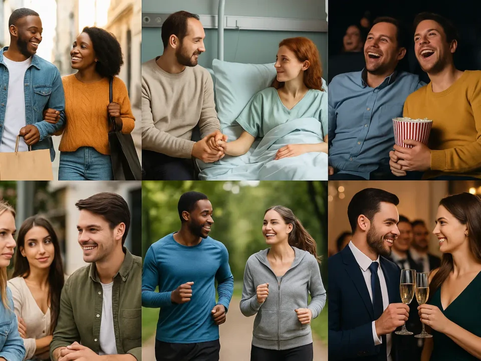 Collage of six different scenarios showing people renting a girlfriend or boyfriend in the USA, including shopping, hospital visit, cinema, social event, jogging, and gala dinner.