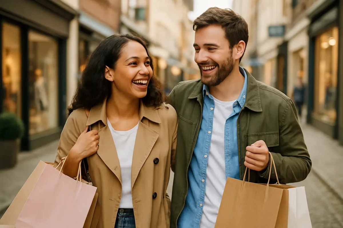 Smiling couple walking through a shopping street in the USA carrying bags, symbolizing everyday companionship instead of being alone.