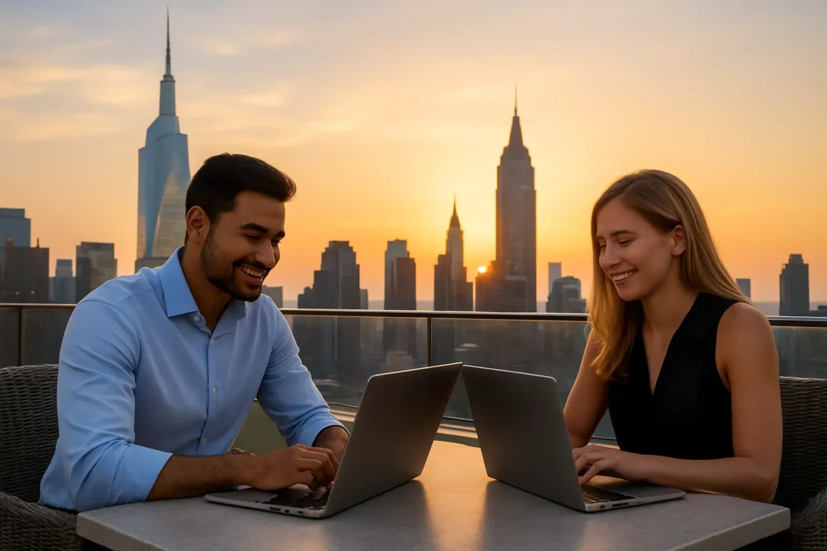 Two professionals working on laptops at a rooftop terrace with a modern city skyline at sunset, symbolizing global reach and the freedom to work anywhere in the world through affiliate marketing.