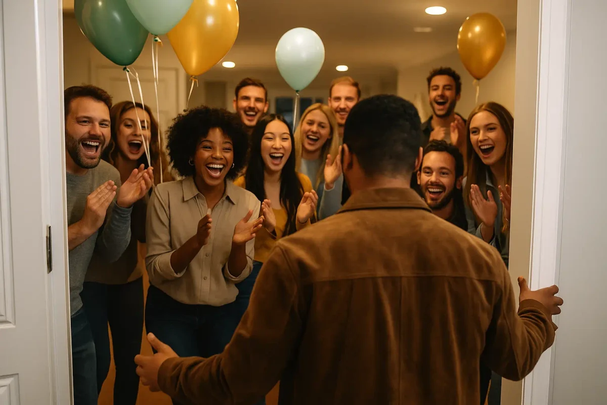 Surprise party with a cheering crowd holding balloons and applauding as a guest enters the room, symbolizing unforgettable private moments with Rent a crowd.