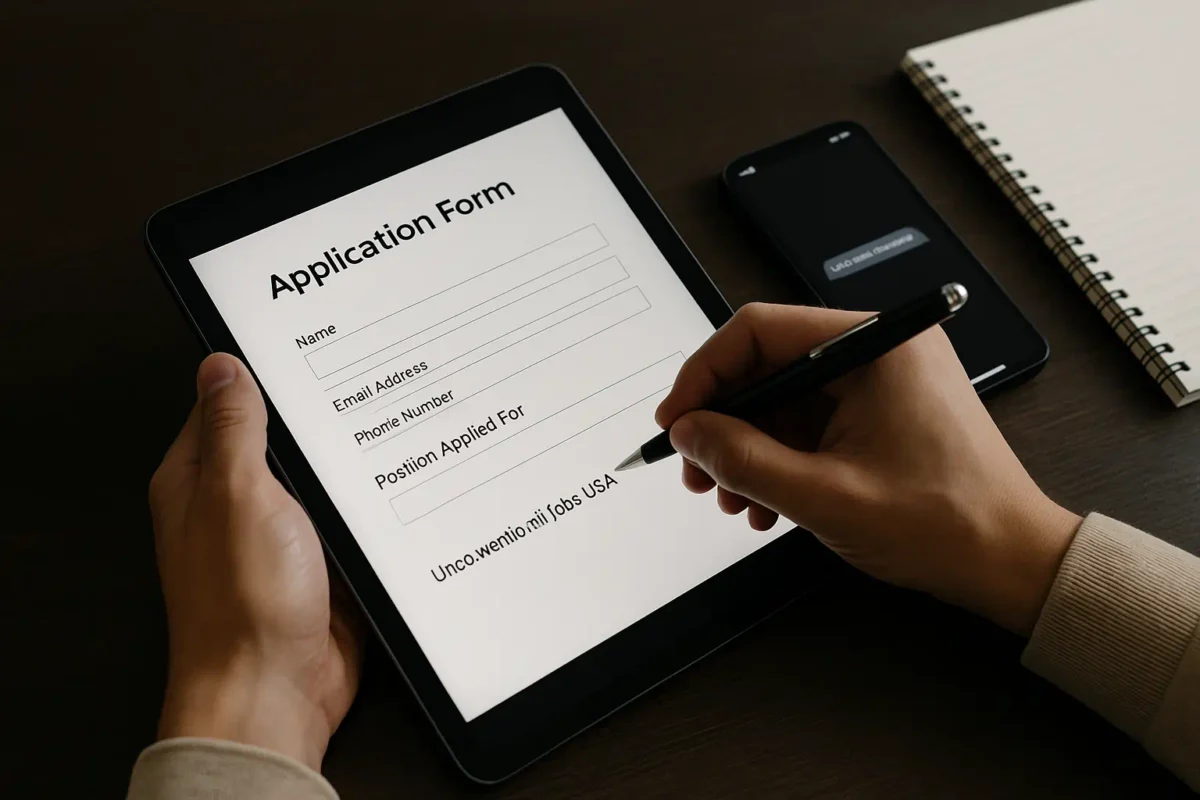 Close-up of hands filling out application form on tablet with smartphone showing discreet message for unconventional jobs USA