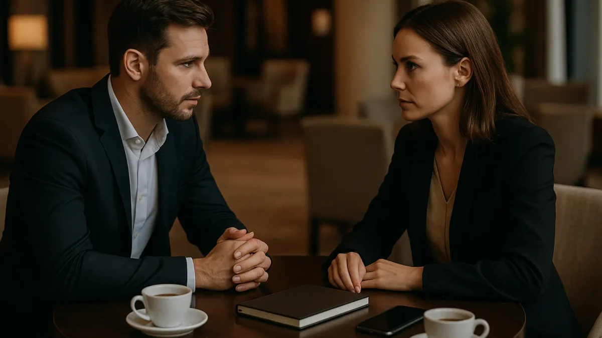 Professional man and woman in a confidential meeting at a hotel lounge, symbolizing the discreet nature of an alibi service.