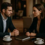Professional man and woman in a confidential meeting at a hotel lounge, symbolizing the discreet nature of an alibi service.