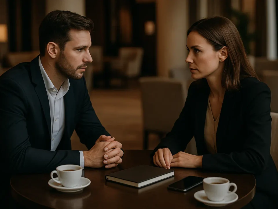 Professional man and woman in a confidential meeting at a hotel lounge, symbolizing the discreet nature of an alibi service.