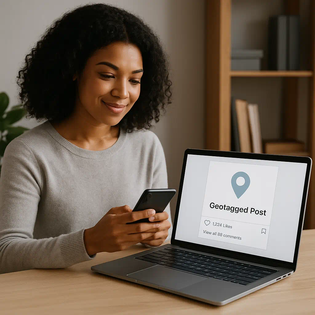Woman creating a digital alibi at her desk, smiling at her smartphone with a laptop showing a geotagged social media post.