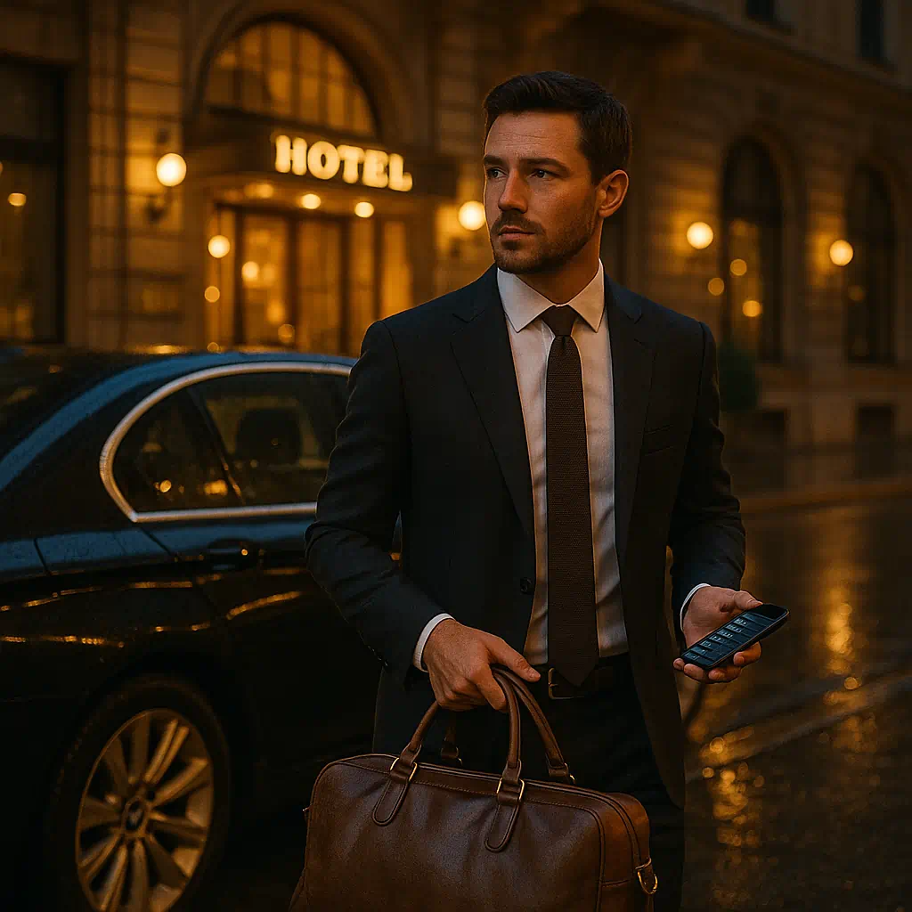 Well-dressed man stepping out of a black sedan in front of an illuminated city hotel at night, holding a duffel bag and smartphone, symbolizing a discreet travel alibi.