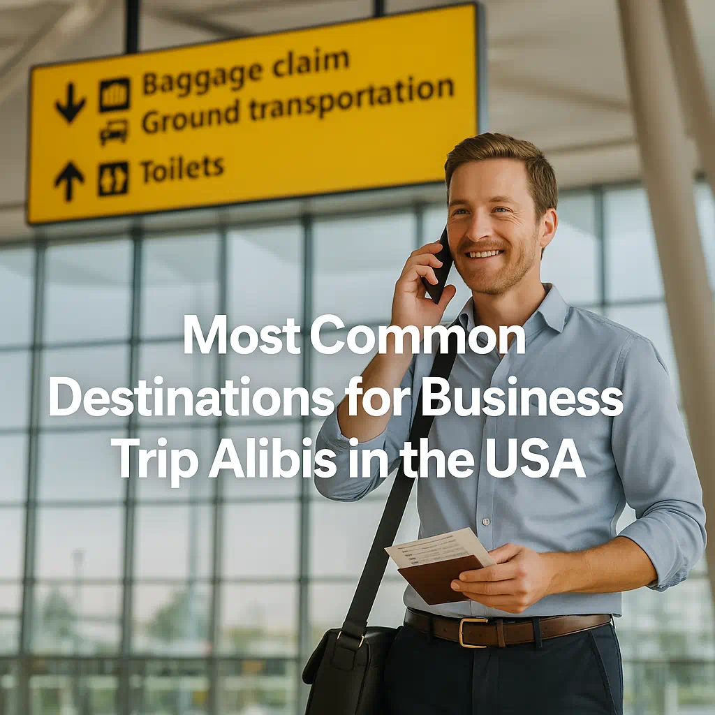Smiling businessman at an airport terminal holding a boarding pass and talking on the phone, symbolizing a convincing business trip alibi.