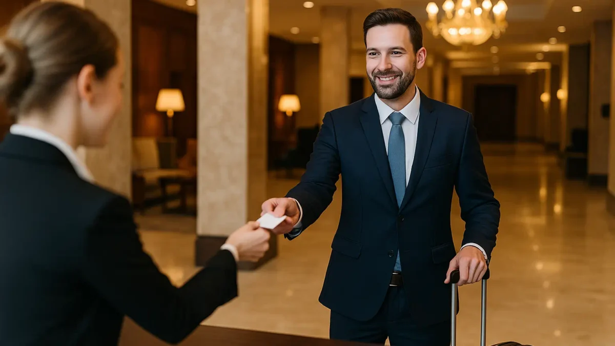 Businessman in a suit checking into a luxury hotel lobby, handing his card to the receptionist while holding a suitcase, symbolizing a believable business trip alibi.