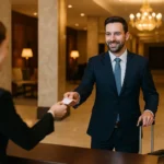 Businessman in a suit checking into a luxury hotel lobby, handing his card to the receptionist while holding a suitcase, symbolizing a believable business trip alibi.
