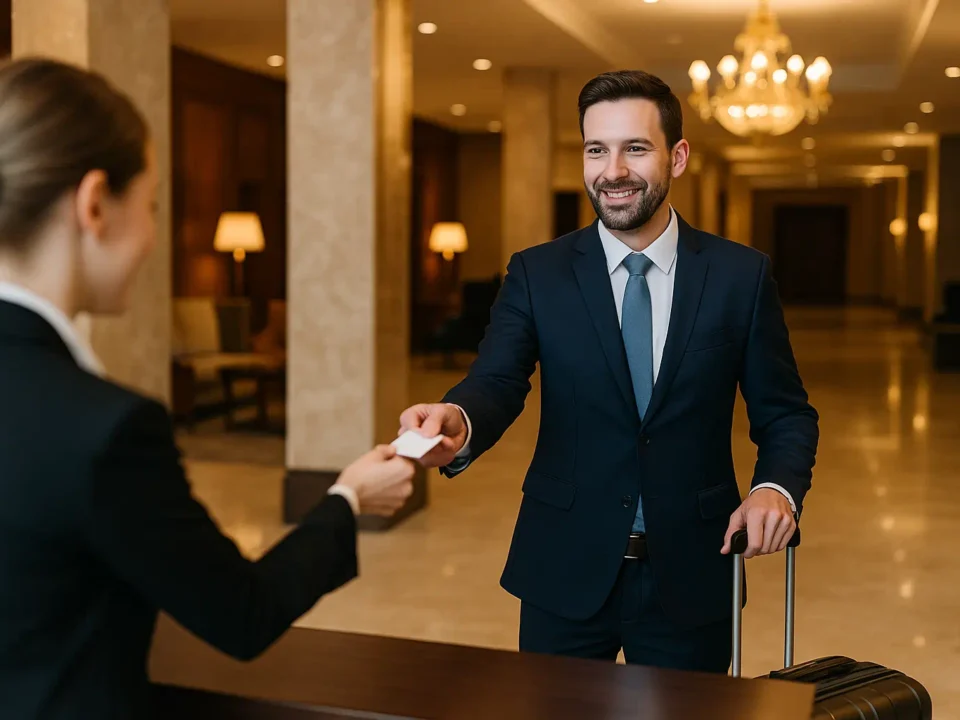 Businessman in a suit checking into a luxury hotel lobby, handing his card to the receptionist while holding a suitcase, symbolizing a believable business trip alibi.