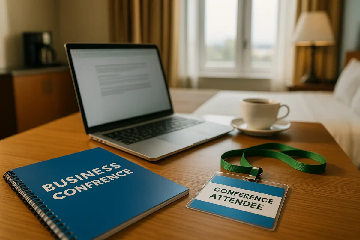 Sunlit hotel room with laptop, business conference folder, attendee badge, and coffee cup on desk, representing a believable business trip alibi.