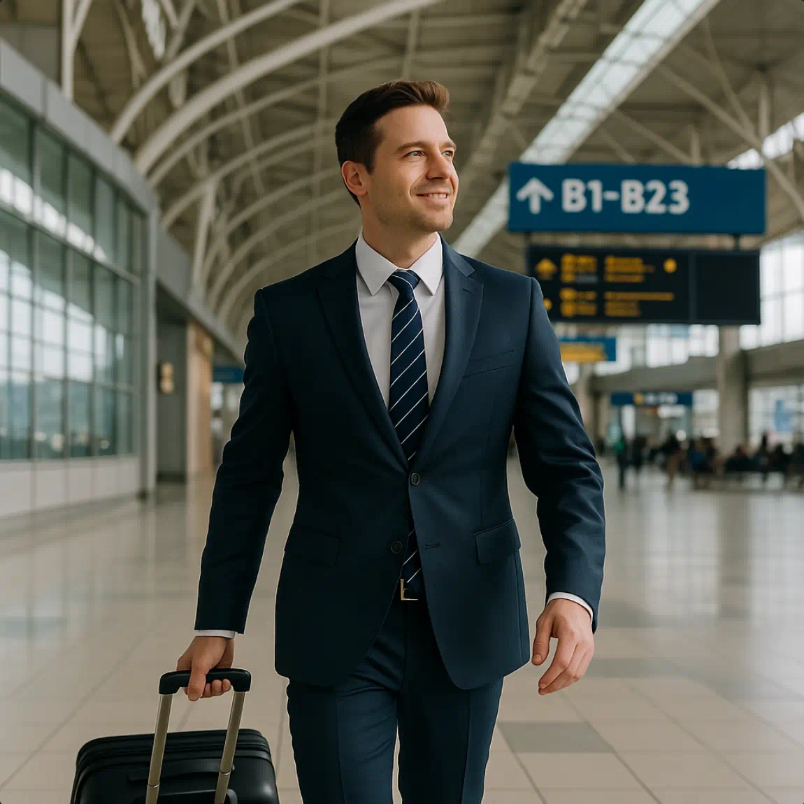 Confident businessman walking through an airport terminal with a suitcase, symbolizing credible business trip freedom created with a Freedom Alibi Service.