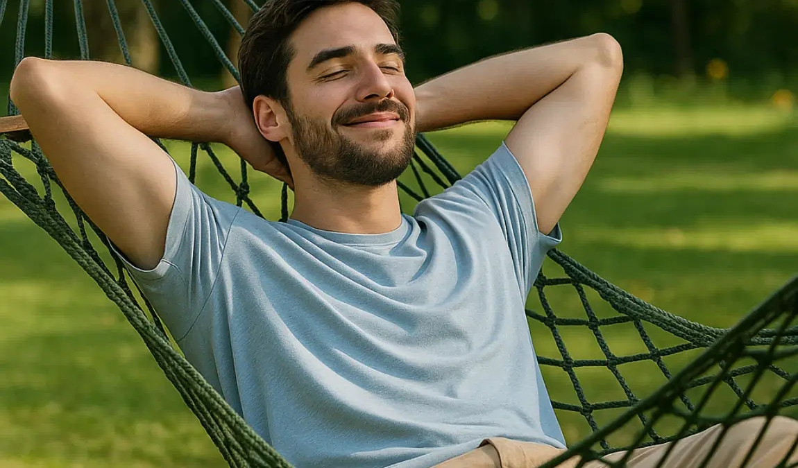 Young man relaxing peacefully in a hammock on a sunny day, symbolizing independence, relaxation, and personal freedom with a Freedom Alibi Service.
