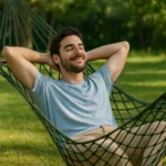 Young man relaxing peacefully in a hammock on a sunny day, symbolizing independence, relaxation, and personal freedom with a Freedom Alibi Service.