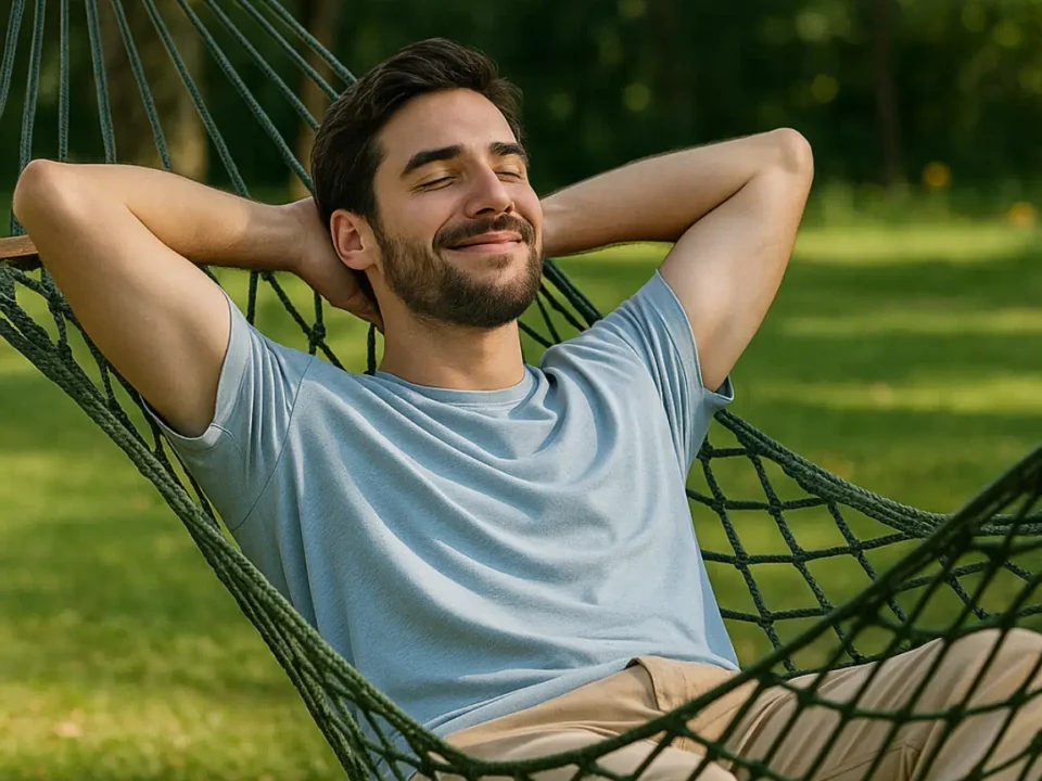 Young man relaxing peacefully in a hammock on a sunny day, symbolizing independence, relaxation, and personal freedom with a Freedom Alibi Service.