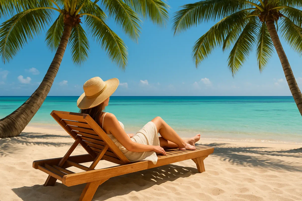Woman relaxing under palm trees on a tropical beach, symbolizing independence, relaxation, and personal freedom with a Freedom Alibi Service.