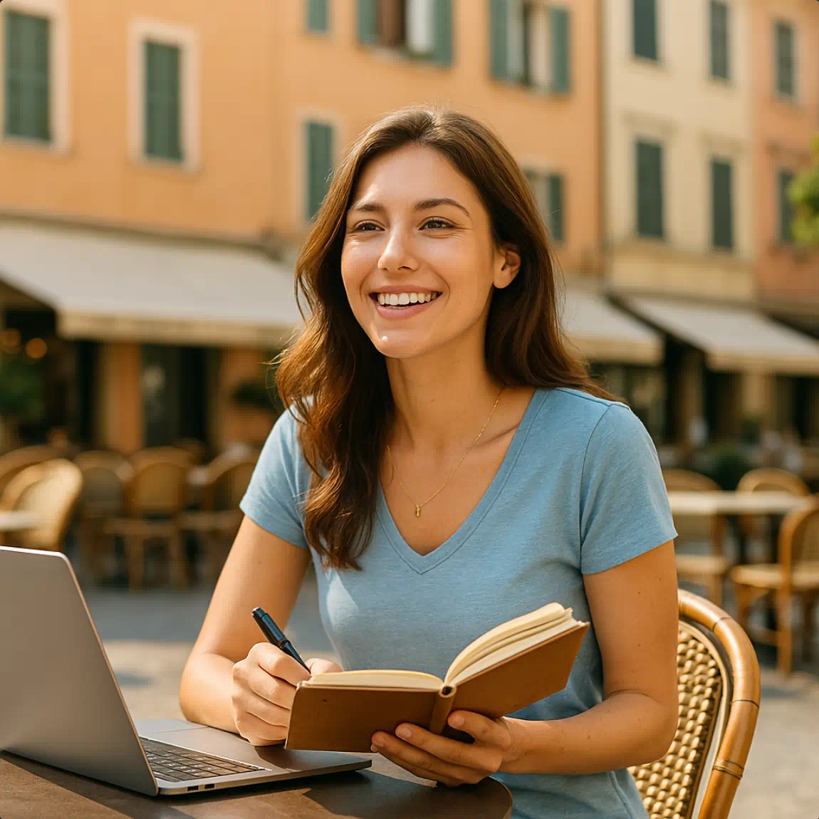 Smiling young woman writing in a notebook at a sunny European café, symbolizing relaxation, independence, and personal freedom with a Freedom Alibi Service.
