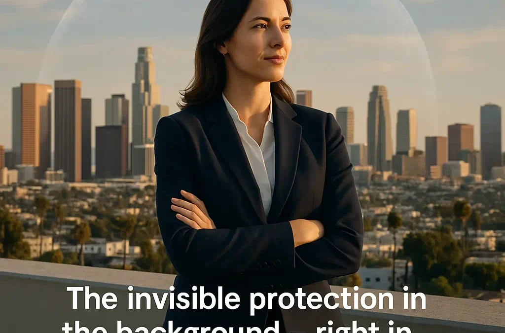 Businesswoman in Los Angeles protected by invisible shimmering shield symbolizing discreet professional alibi service