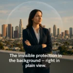 Businesswoman in Los Angeles protected by invisible shimmering shield symbolizing discreet professional alibi service
