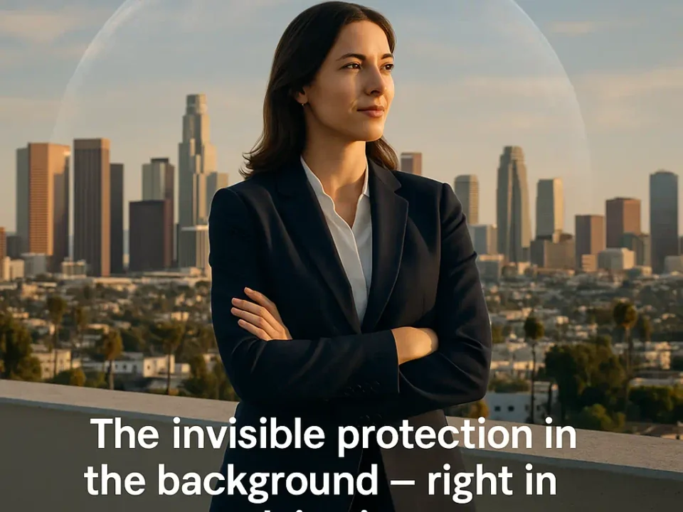 Businesswoman in Los Angeles protected by invisible shimmering shield symbolizing discreet professional alibi service